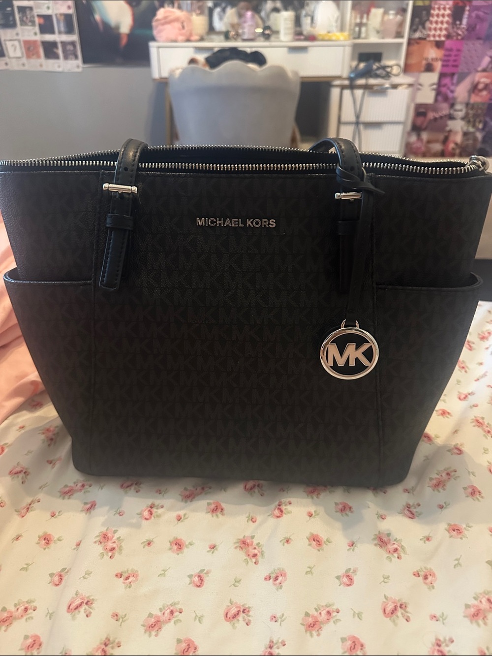 Michael Kors Black Monogram Tote with Silver MK Charm